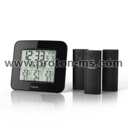 Electronic Weather Station HAMA &quot;EWS-Trio&quot; 136293, BlackDCF radio clock which automatically adjusts to the world's most accurate clock  Four-part set, comprising a base station and three radio outdoor sensors for displaying the time, weekday, date, temper