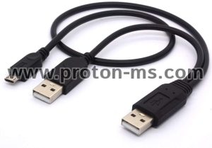 Кабел USB - USB Micro, USB, 30см, Прозрачен, Dual Power Micro USB Cable, USB 2.0 to Micro USB 5 Pin Y Adapter Cord for External Hard Drive - 2 USB A Male to Micro B Male Extension Lead