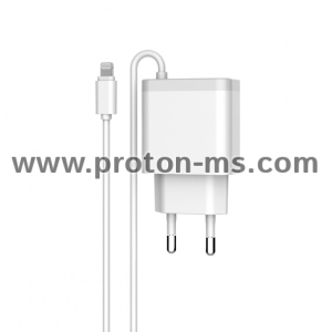 Мрежово зарядно устройство LDNIO A321, 5V 3.1A, 2 x USB, С кабел за iPhone 5/6/7SE, Бял 