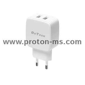 Мрежово зарядно устройство DeTech, DE-33, 5V/2.4A 220V, 2 x USB, Бял 