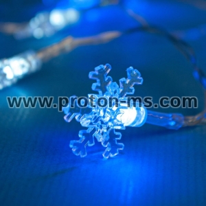 15 LED Лампи на батерия, 1.7 м, бели и сини снежинки, Светеща коледна украса тип въже