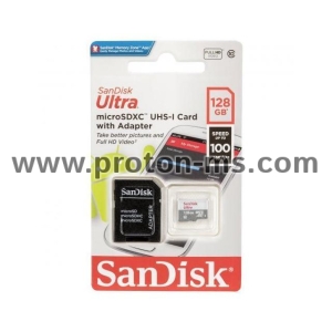 КАРТА ПАМЕТ SANDISK ULTRA MICROSDHC UHS-I, 128GB, CLASS 10, 100MB/S, АДАПТЕР