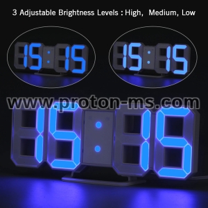 3D LED Часовник, БЯЛ със СИНИ светещи цифри