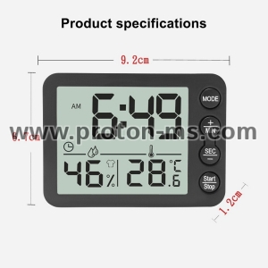Часовник с термометър, хигрометър и таймер на долу,  9.3×1.2×6.7 cm