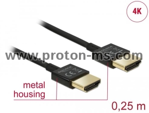 Кабел Delock HDMI-A мъжко - HDMI-A мъжко, Ethernet, 3D, 4K, 0.25 м, Черен