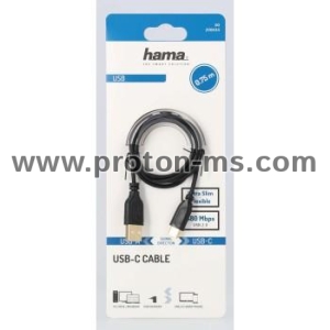 Кабел Hama Flexi-Slim USB-C - USB-A 2.0 мъжко, 0.75м,тънък, позлатен, черен