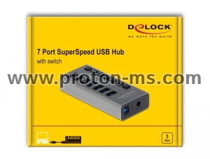 USB хъб Delock 7 x USB-A, 1 x USB-B, 5 Gbps, Превключвател, LED индикатор, Сив