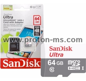 Карта памет SANDISK Ultra microSDHC UHS-I, 64GB, Class 10, 80Mb/s, Адаптер