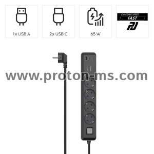 Разклонител Hama, 4-гнезда, USB-C/A 65 W, PD, ключ on/off, 1,4 м, черен/сив
