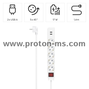 Hama Power Strip, 5-Way, USB-A 17 W, Switch, 1.4 m, white