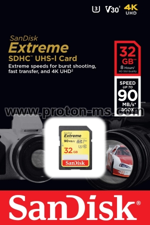 Memory card  SANDISK Extreme SDHC, 32GB, UHS-1,Class 10, U3, V30, 90 Mb/s