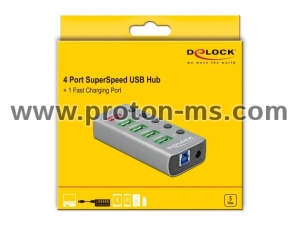 USB хъб Delock 3.2 Gen 1, 4 x USB-A, 1 Fast Charging Port, 1 x USB-B, Подсветка, Сив