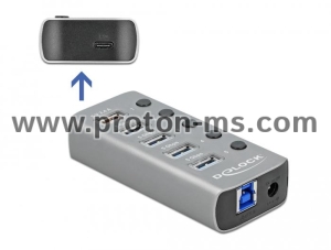 USB хъб Type-C Delock, 7-портов 4 x USB-A, 1 Fast Charging Port, 1 x USB-B, 1 x USB-C PD, Подсветка, Сив