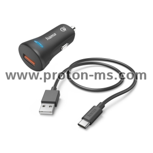 Зарядно за кола HAMA 12-24 V /USB-C 3A, Qualcomm Quick Charge 3.0, 19.5W+ кабел USB-C, 1 м, черен