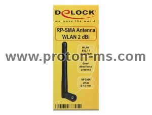 Антена Delock WLAN, 802.11 ac/a/b/g/ni, RP-SMA plug, 2 dBi, Черен
