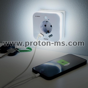 Нощна лампа с контакт HAMA, USB, 2.4 A, 2 изхода, сензор за яркост