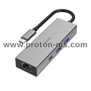 4-портов хъб USB-C HAMA, 2 x USB-A, USB-C, LAN/Ethernet, Сив