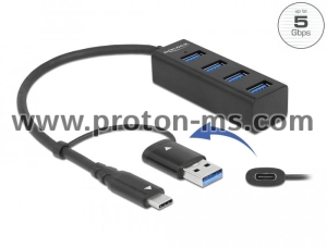 USB хъб Delock, 3.2 Gen 1, 4 x USB-A, USB-C, USB-A конектор, Черен