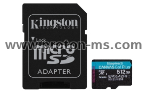 Карта памет Kingston Canvas Go! Plus microSDXC 512GB, UHS-I, Class 10, U3, V30, A2, Адаптер