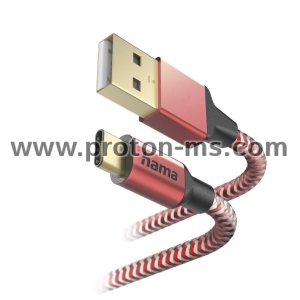 Кабел за зареждане "Reflective" USB-C - USB-A  1.5м червен