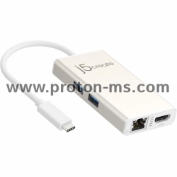 Мултипортов USB-C адаптер j5Create JCA374 -HDMI/Ethernet/ USB 3.0 хъб /PD 2.0, бял