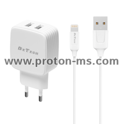 Мрежово зарядно устройство DeTech DE-33i, 5V/2.4A, 220V, 2 x USB, С Lightning кабел, 1.0m, Бял - 40101