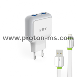 Мрежово зарядно устройство, EMY MY-221, 5V 2.1A, Универсално, 2 x USB, С кабел за iPhone 5/6/7, Бял 