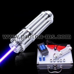 Powerful blue 50000 mW Cordless Laser with 5 plugs, two rechargeable batteries, safety glasses, 220V charger and metal case