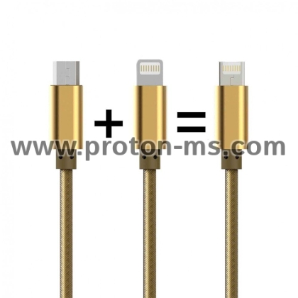 Кабел за данни, LDNIO, 2 в 1, Micro USB + Lightning (iPhone 5/6/7), С оплетка, Златист 