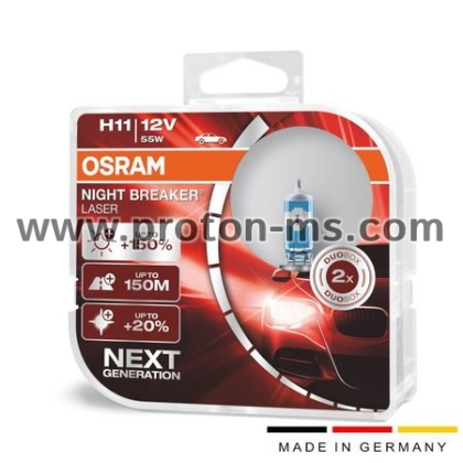 Set of 2 halogen bulbs Osram H11 Night Breaker Laser + 150%, 12V, 55W