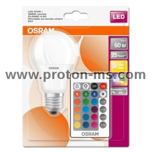 Крушка LED RGB Osram A60, С дистанционно управление, E27, 9W (60W), 806 лумена