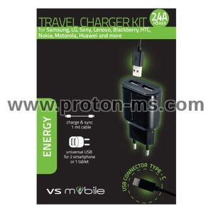 Зарядно Устройство VS Mobile 100-240V 2 x USB 2.4A с делим кабел 8PIN (MFI) за Apple устройства 30109