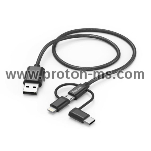 Кабел HAMA 3 в 1, USB-A мъжко - Micro USB мъжко, адаптери Lightning и USB-C, 1.5 м., Черен 