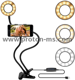 Лед Ринг Лампа с гъвкав и регулируем държач, LED ринг лампа с гъвкаво рамо и стойка за телефон, селфи, видео чат, Лампа за четене