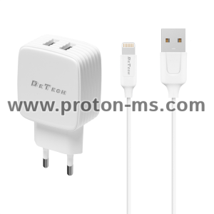 Мрежово зарядно устройство DeTech DE-33i, 5V/2.4A, 220V, 2 x USB, С Lightning кабел, 1.0m, Бял - 40101