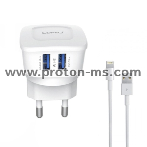 Мрежово зарядно устройство, LDNIO DL-AC63, 5V/2.4A, 2 USB Порта, С Lightning Кабел iPhone 