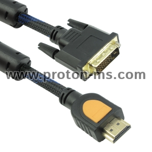 Кабел за компютър HDMI към DVI, 3 м., Кабел DeTech HDMI - DVI, 3m, Ферит, Черен, HQ 