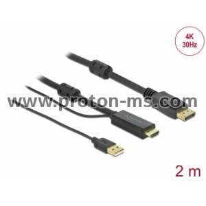 КАБЕЛ DELOCK HDMI МЪЖКО - DISPLAYPORT USB МЪЖКО, 4K 30 HZ, 2 М, ЧЕРЕН