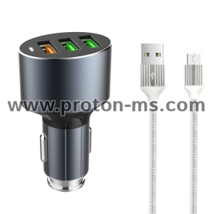 Зарядно устройство за кола, LDNIO C703Q, Quick Charge 3.0, 3xUSB, С Micro USB кабел, Сив 