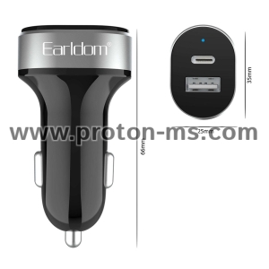 Зарядно устройство за кола Earldom ES-CC14, 1xUSB, 1xType-C, С PD Type-C кабел, Черен 