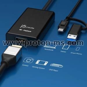 Кепчер адаптер j5create JVA11, HDMI - USB-C, 4K, Черен