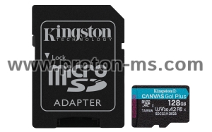 Карта памет Kingston Canvas Go! Plus microSDXC 128GB, UHS-I, Class 10, U3, V30, A2, Адаптер