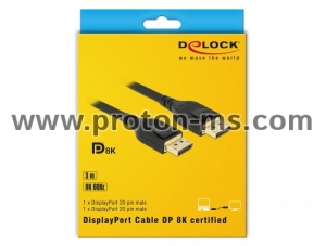 Кабел Delock, DisplayPort мъжко - DisplayPort мъжко, 3.0м, 8K 60 Hz, Черен