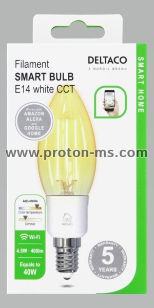 DELTACO SMART HOME LED filament lamp, E14, WiFI 2.4GHz, 4.5W, 400lm, dimmable, 1800K-6500K, 220-240V, white