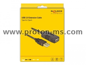 Удължителен кабел DeLock, USB-A женско - USB-A мъжко, USB 2.0, 15 м, Черен