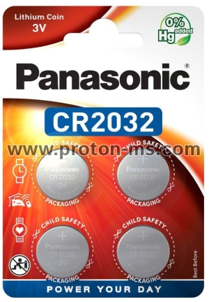 Бутонна батерия литиева PANASONIC CR2032, 3V, 4 бр. в блистер /цена за 4 бр./