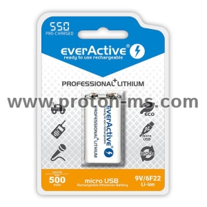 Rechargeable Battery  R22 9V LiIon 500mAh/550 precharged +micro Usb 1 pc. pack EVERACTIVE