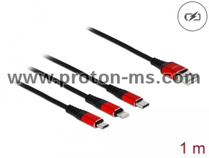 Кабел за зареждане Delock  3 в 1, USB - Lightning/ Micro USB/ USB-C, 1м, Черен/Червен