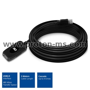 Кабел ACT AC6005, USB-A мъжко - женско, 5.0 м, 480 Mbps, Черен