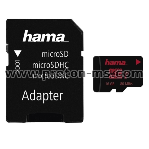 Карта памет HAMA 123980, microSDHC UHS-I, 16GB, 80 MB/s, Class U3, SD адаптер